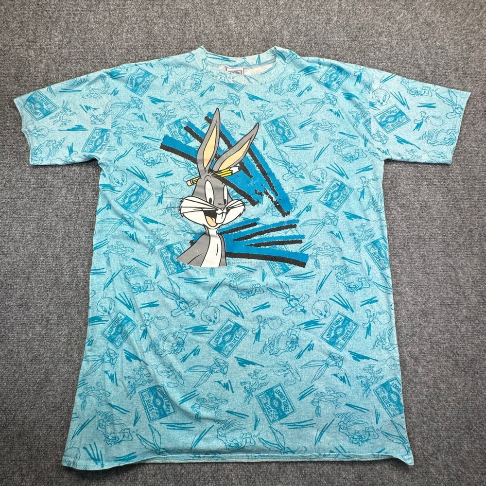 Vintage Looney Tunes Blues T Shirt Mens OSFA Blue 1996 Bugs Bunny All Over Print